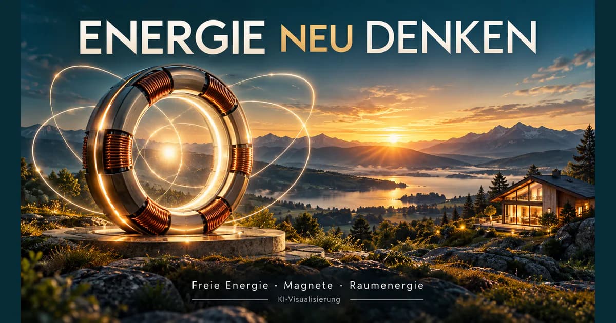 Energie neu denken – Visualisierung zu freier Energie und Raumenergie KI-Visualisierung eines ringförmigen Geräts mit Kupferspulen vor einer Alpenlandschaft; Bildschrift „Energie neu denken“