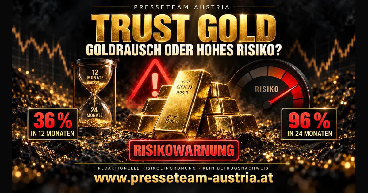 TRUST GOLD im Risiko-Check Redaktionelles Warnmotiv zum TRUST-GOLD-Risiko-Check mit Goldbarren, 36 und 96 Prozent Rabattangaben sowie Risikoanzeige im roten Bereich