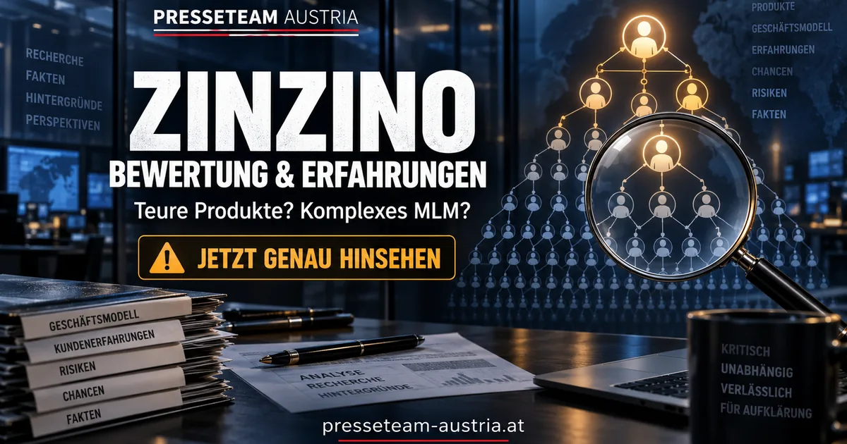 Zinzino Bewertung und Erfahrungen 2026 Redaktionelles Symbolbild zum Zinzino-Faktencheck mit Lupe über einer mehrstufigen Vertriebsstruktur