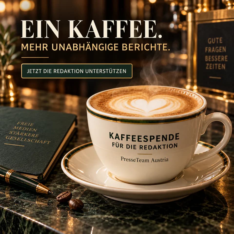 Kaffeespende für die Redaktion Warme Kaffeetasse mit Herz im Milchschaum: Ein Kaffee für mehr unabhängige Berichte von PresseTeam Austria.