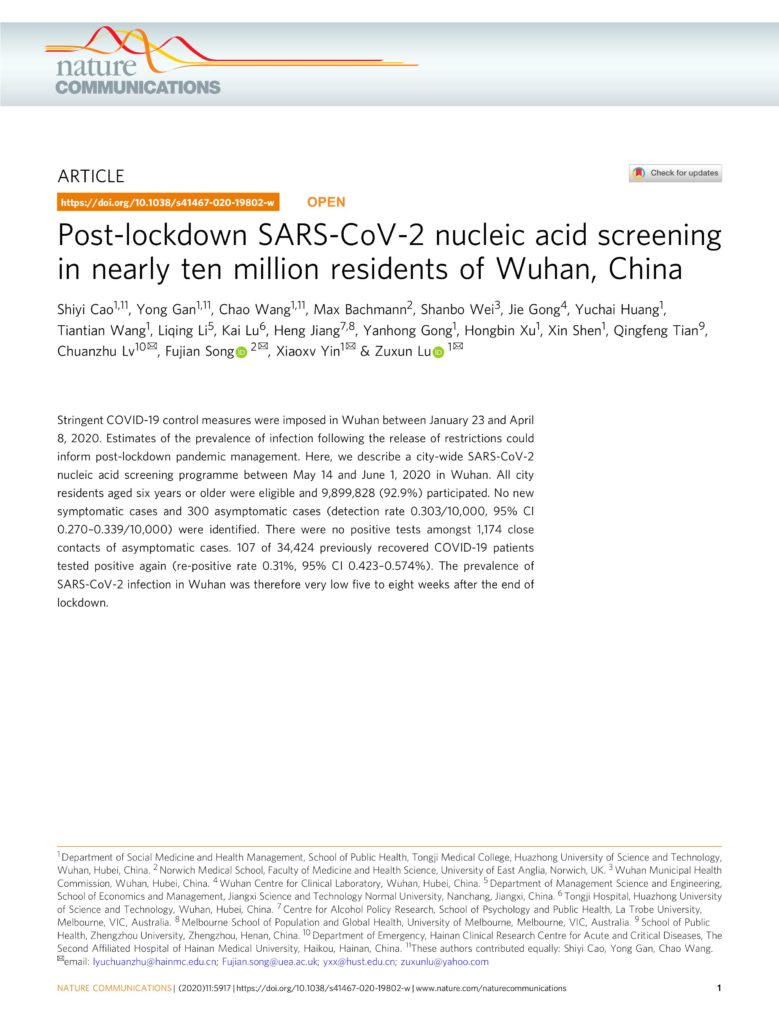 Personen ohne Symptome nicht infektiös: große Studie aus Wuhan 1